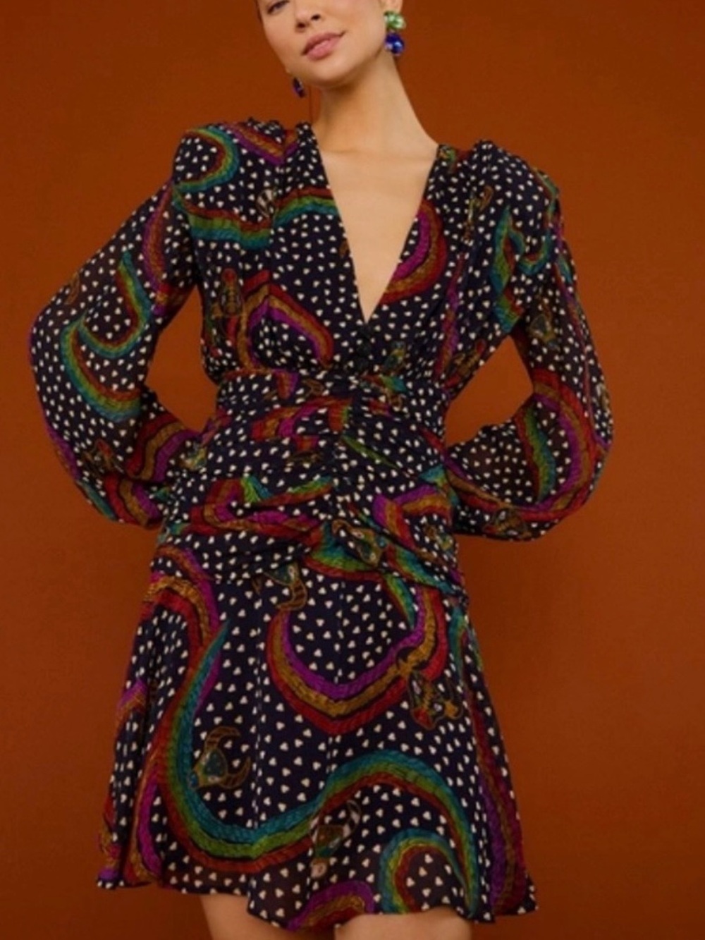 Farm Rio rainbow Oxen Long Sleeve Mini Dress